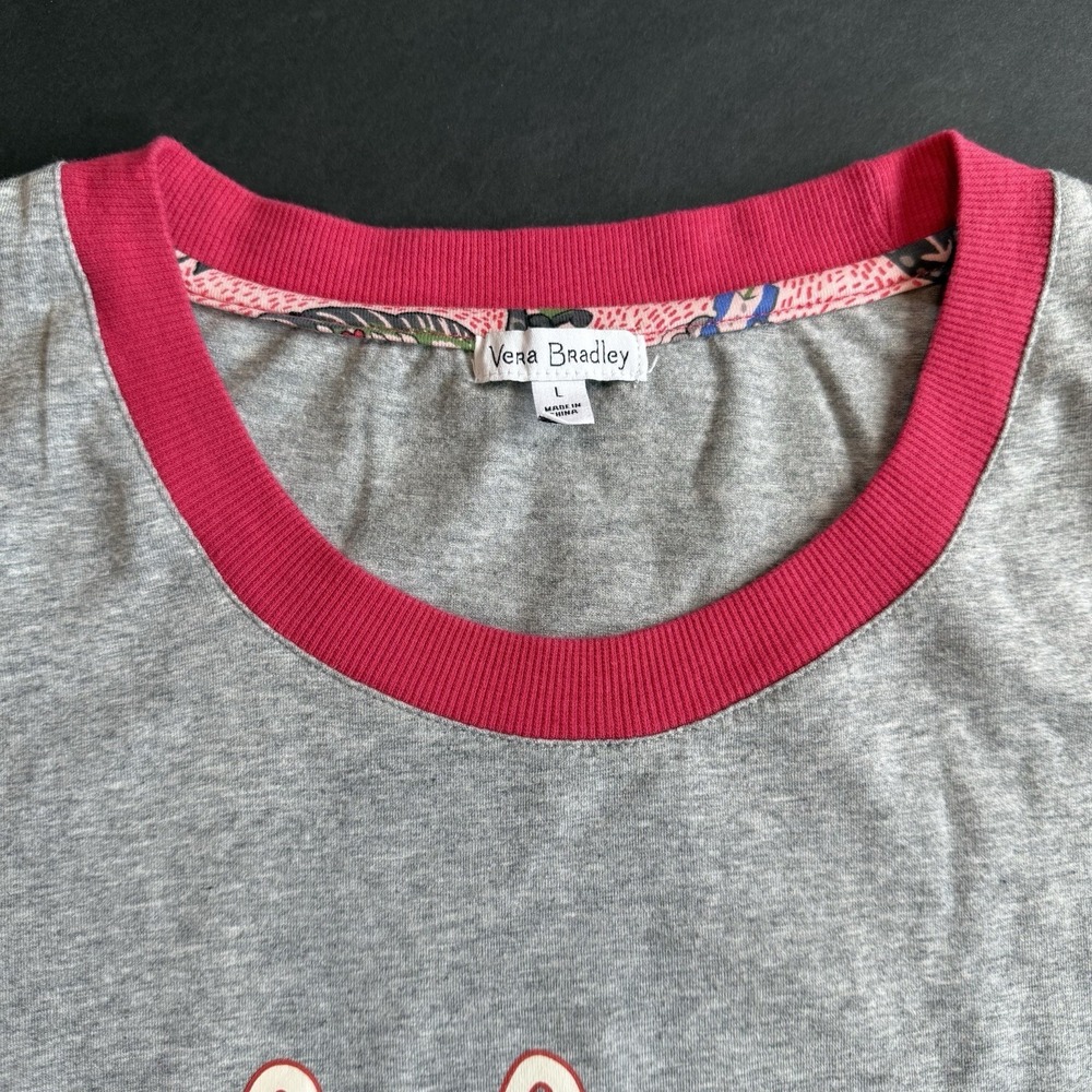 Vera Bradley Floral PJ Pajama T Shirt Top L 12 14 Pink Appliqued Ringer Baseball - Picture 4 of 8